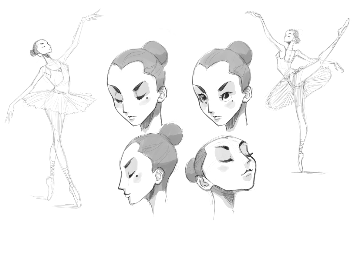 Hoja de diseño de personaje de una bailarina de ballet con estudios de rostro y pose de pirueta, ilustración del proyecto Pirouette de Gonzalo Muelas Pozo, alumno de la disciplina de Animación 2D en TRAZOS, escuela de artes digitales en Madrid.