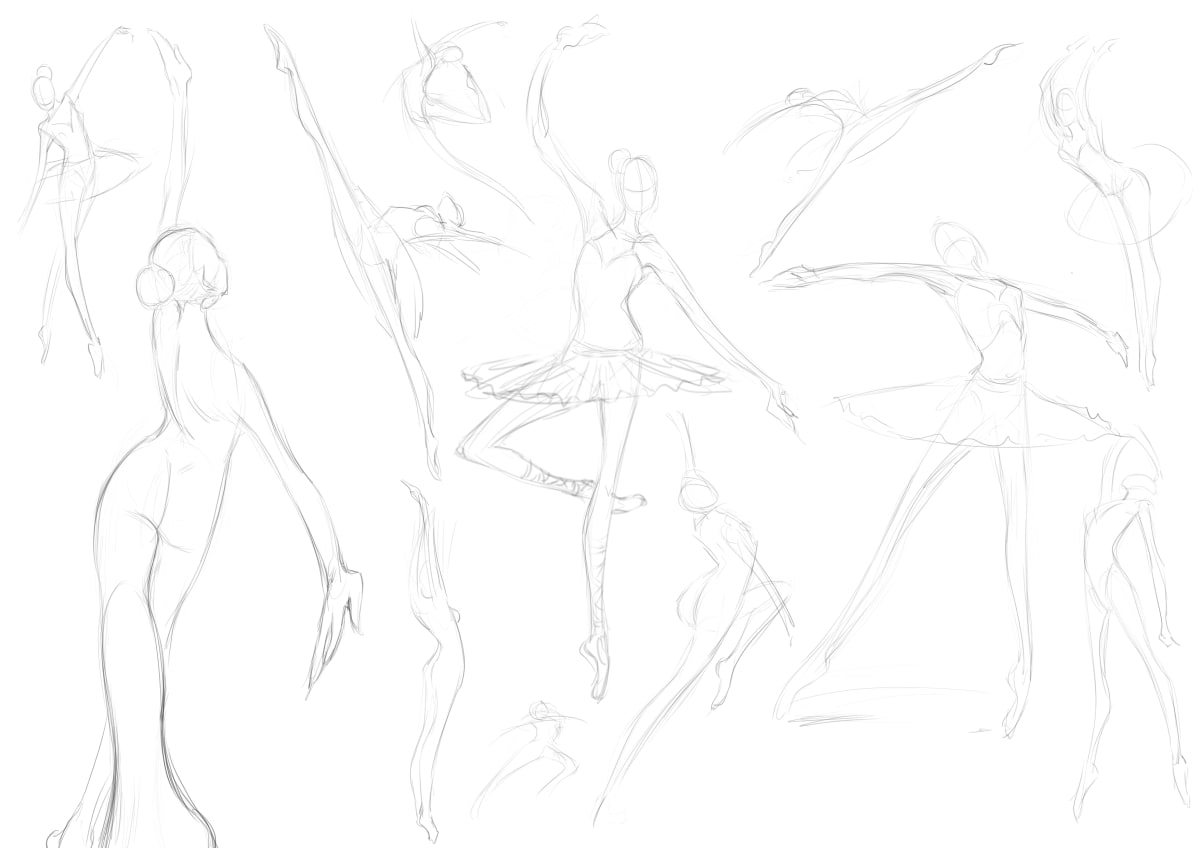 Estudio de bocetos de figura dinámica con poses de bailarinas de ballet, perteneciente al proyecto Pirouette de Gonzalo Muelas Pozo, alumno de animación 2D en TRAZOS, escuela de artes digitales en Madrid.