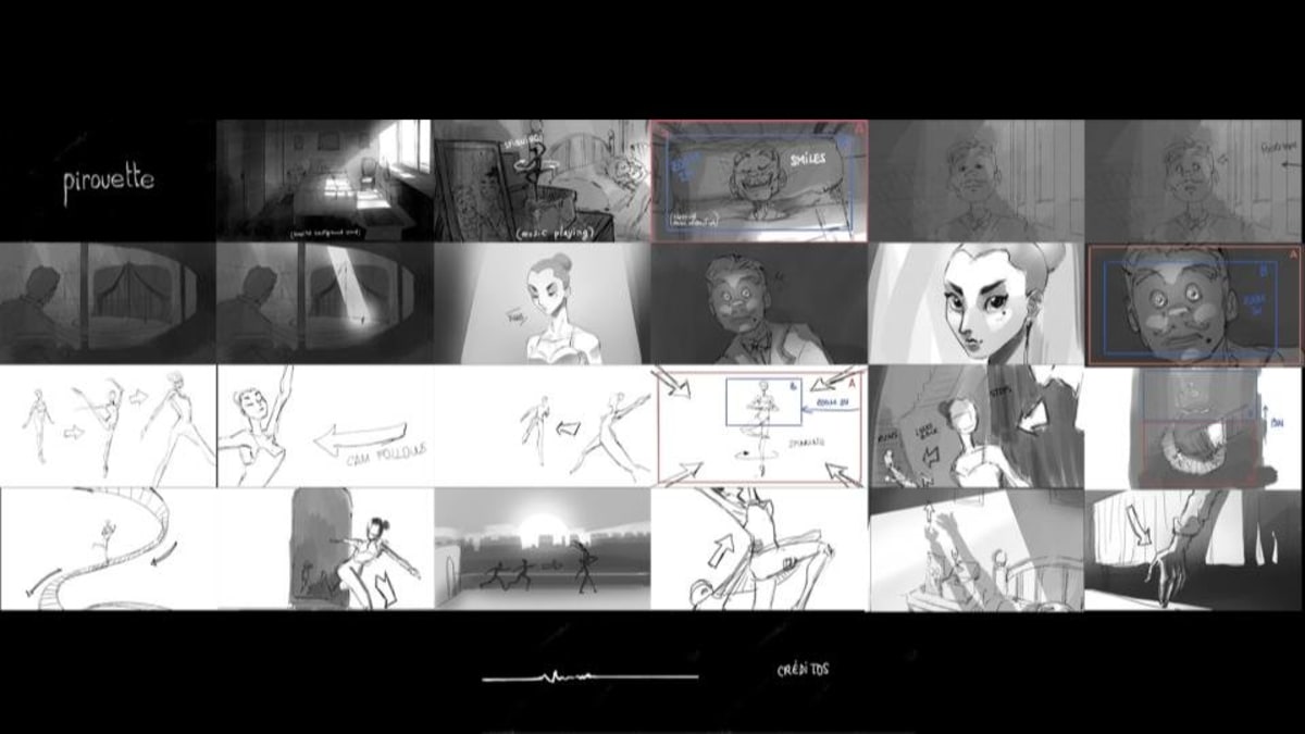 Storyboard en blanco y negro de la animación 2D «Pirouette» de Gonzalo Muelas Pozo, alumno de TRAZOS, con secuencias de una bailarina ejecutando piruetas, publicado en The Rookies.
