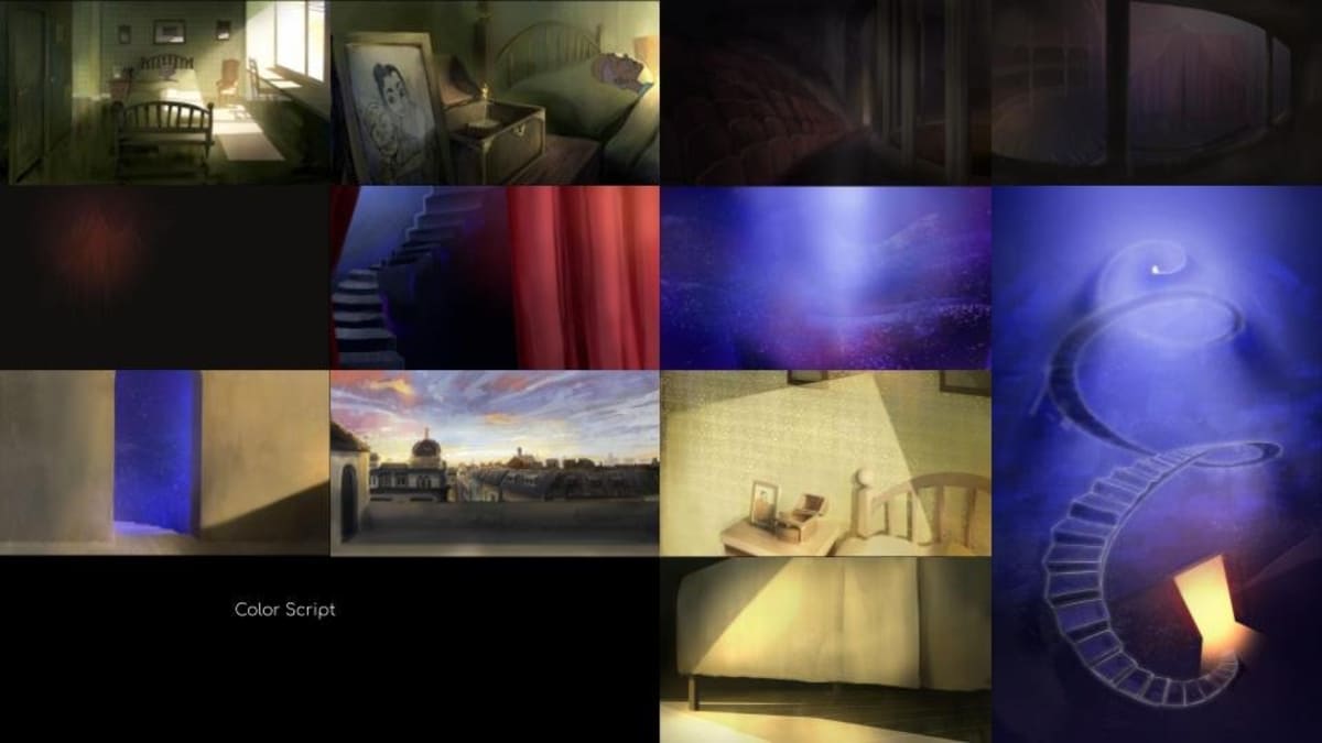 Color script con paleta de luces e interiores oníricos del cortometraje de animación 2D «Pirouette», realizado por Gonzalo Muelas Pozo, alumno de TRAZOS, escuela de artes digitales en Madrid.