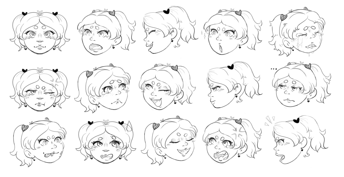 Hoja de expresiones faciales de un personaje femenino de estilo anime en boceto a lápiz digital, obra de Alfred Morell Lozoya para su proyecto de Concept Art & Illustration en TRAZOS, escuela de artes digitales en Madrid.