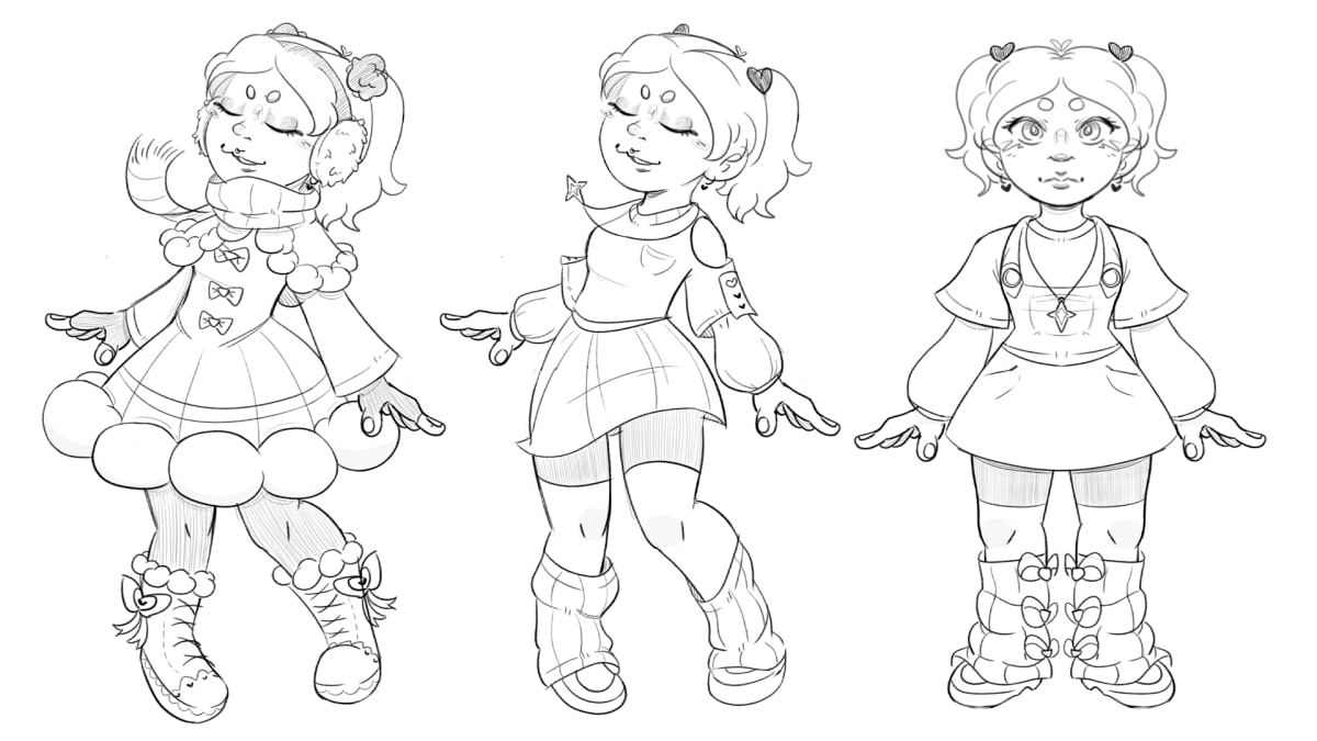 Boceto digital de tres variantes de un personaje femenino estilo kawaii con coletas y distintos atuendos, obra de Alfred Morell Lozoya para su proyecto de Concept Art & Illustration realizado en TRAZOS, escuela de artes digitales en Madrid.