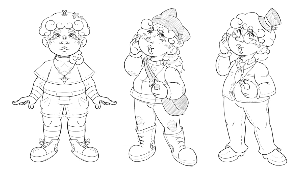 Bocetos a lápiz digital de un personaje infantil en tres variantes de vestuario, trabajo de concept art del alumno Alfred Morell Lozoya para la escuela TRAZOS.