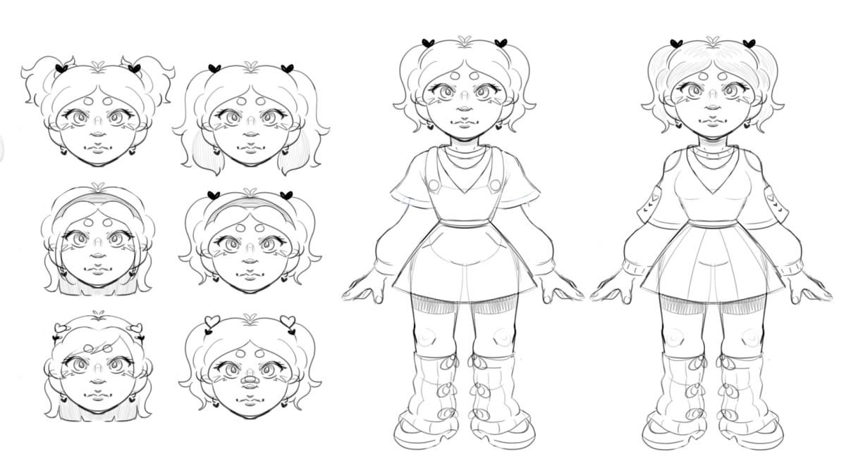 Turnaround y hoja de expresiones a lápiz digital de una niña con coletas, obra del trabajo «Sketch Digital Art (2D Characters)» de Alfred Morell Lozoya, alumno de Concept Art & Illustration en TRAZOS, escuela de artes digitales en Madrid.
