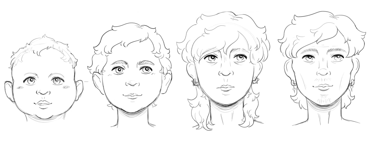 Secuencia de bocetos digitales que muestra la evolución facial de un personaje desde bebé hasta adulto, obra de Alfred Morell Lozoya para su proyecto de Concept Art & Illustration en TRAZOS.