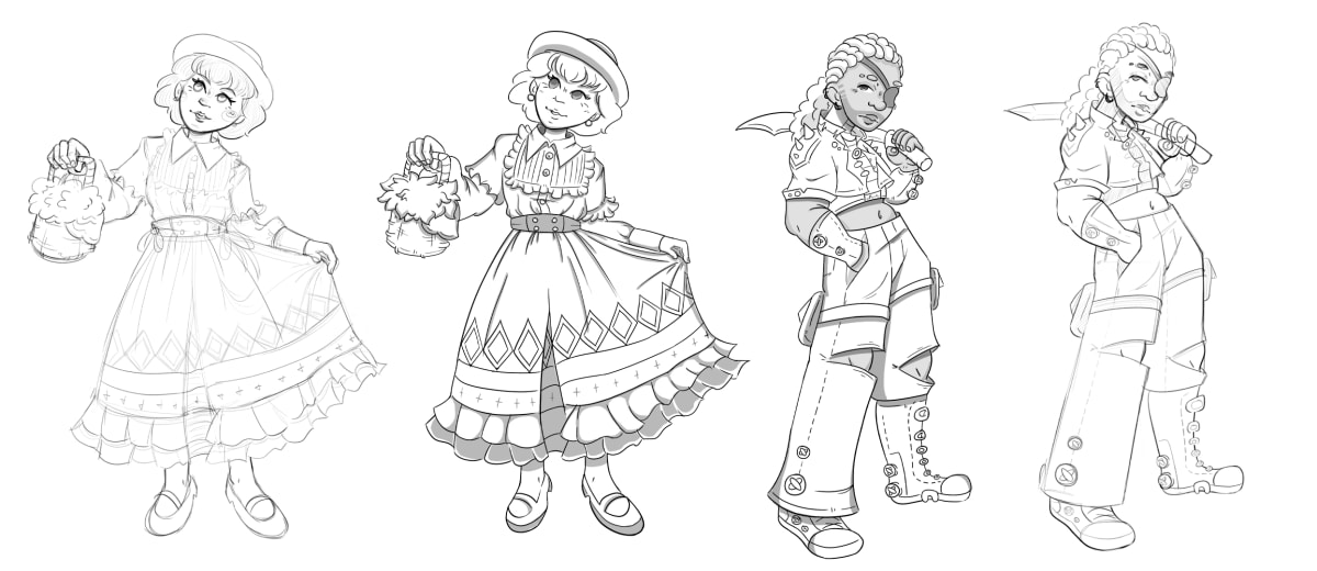 Proceso de boceto digital de dos personajes 2D, una moza con falda y un pirata con parche, trabajo de concept art de Alfred Morell Lozoya, alumno de TRAZOS escuela de artes digitales en Madrid.