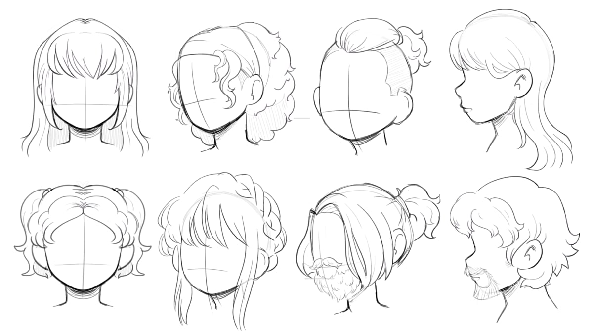 Bocetos de estudio de peinados en estilo anime con diferentes ángulos de cabeza, parte del trabajo de ilustración 2D de Alfred Morell Lozoya, alumno de TRAZOS, escuela de artes digitales en Madrid.