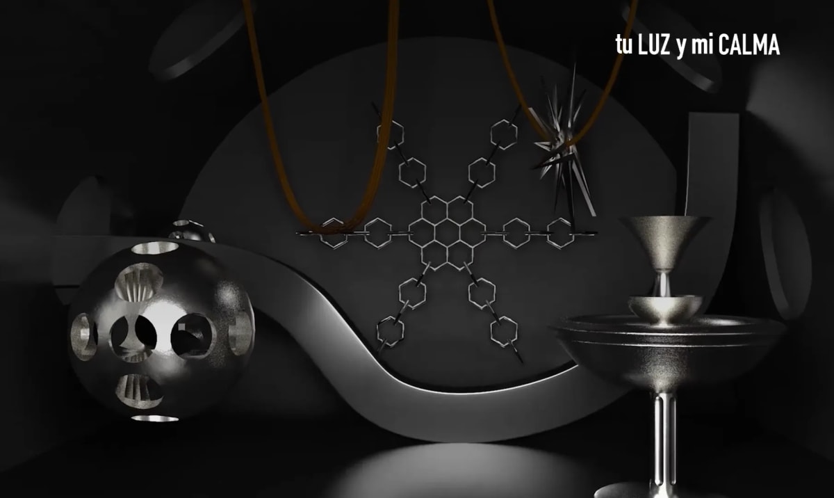 Composición 3D en blanco y negro con formas geométricas metálicas y estructura hexagonal creada por Darío García Fernández para el proyecto Tu Luz y Mi Calma, ejemplo del trabajo de Motion Graphics realizado en el Máster en Motion Graphics y Animación Visual con Unreal Engine e IA de TRAZOS.