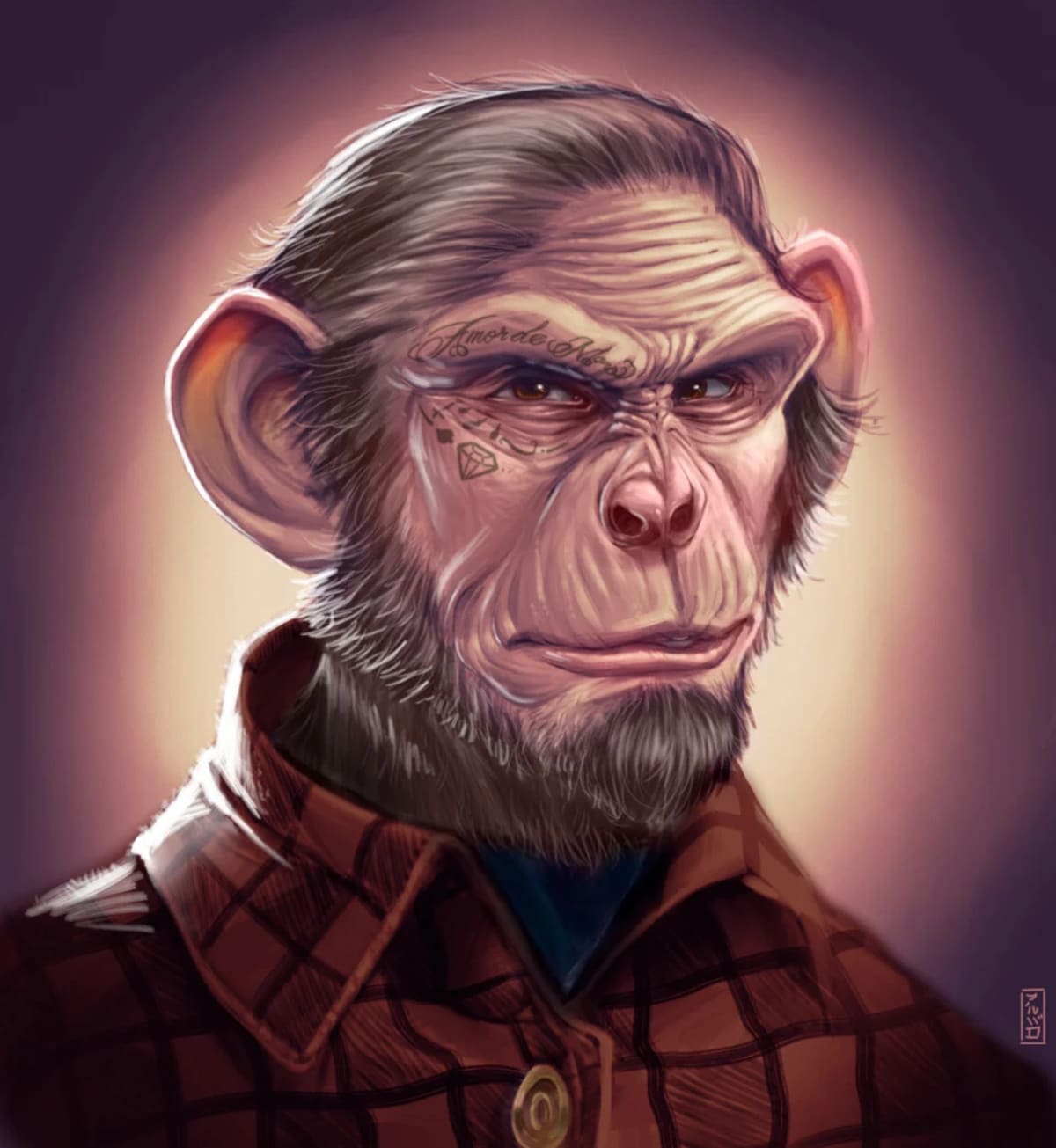 Retrato de un chimpancé antropomorfo con tatuajes y camisa de cuadros, de Álvaro Abuín, profesor de Concept Art e Ilustración en TRAZOS