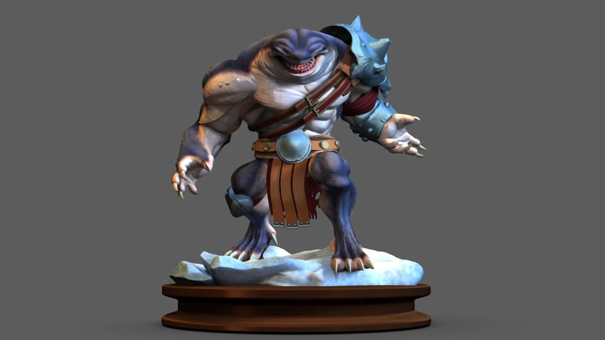 Personaje 3D de un guerrero tiburón musculoso, figura de colección, de Álvaro Abuín, profesor de Concept Art e Ilustración en TRAZOS