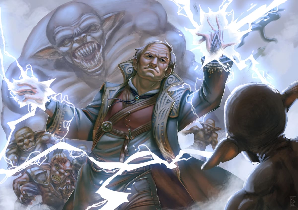 Ilustración de un anciano mago lanzando rayos rodeado de demonios, de Álvaro Abuín, profesor de Concept Art e Ilustración en TRAZOS