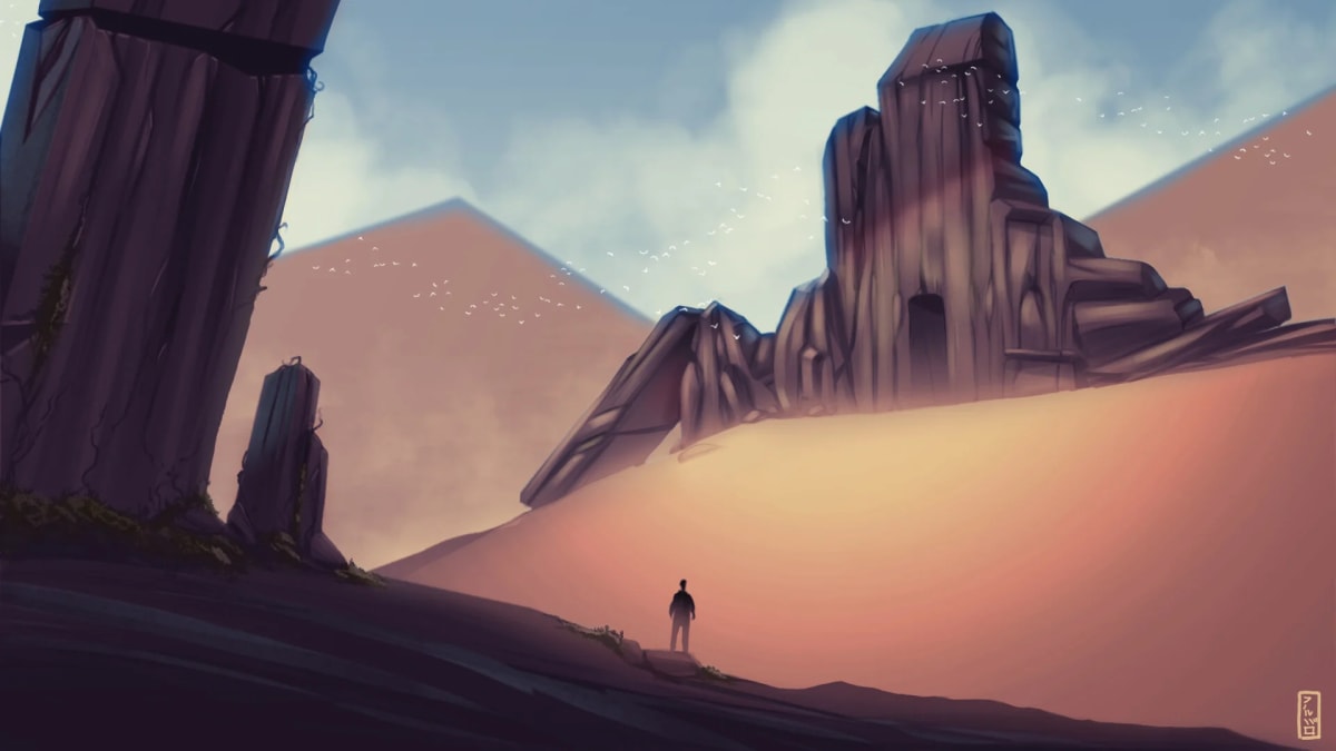 Concept art de un paisaje desértico con formaciones rocosas y una figura solitaria, de Álvaro Abuín, profesor de Concept Art e Ilustración en TRAZOS
