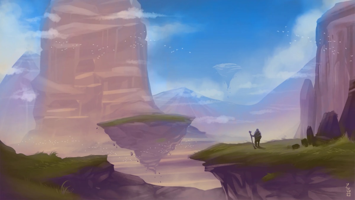 Concept art de un paisaje con islas flotantes y un viajero ante un acantilado, de Álvaro Abuín, profesor de Concept Art e Ilustración en TRAZOS