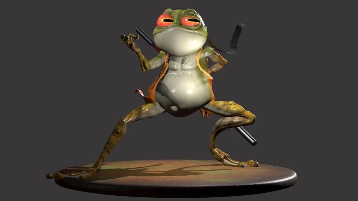 Personaje 3D de una rana ninja con nunchaku y katana, figura de colección, de Álvaro Abuín, profesor de Concept Art e Ilustración en TRAZOS
