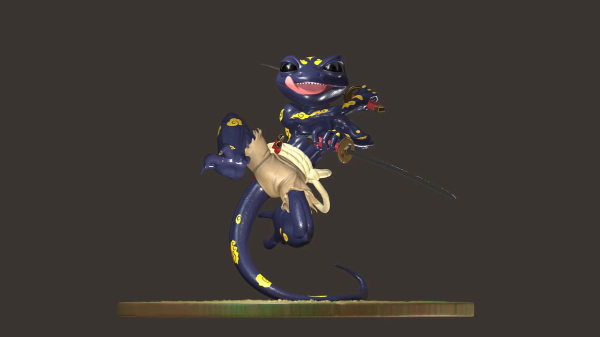 Personaje 3D de una salamandra samurái con katana, figura de colección, de Álvaro Abuín, profesor de Concept Art e Ilustración en TRAZOS