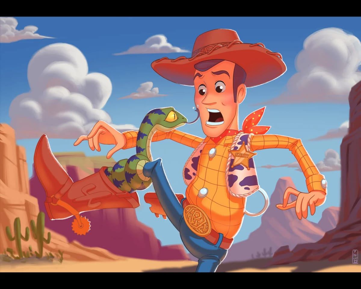 Ilustración cartoon de Woody (Toy Story) con una serpiente saliendo de su bota en el desierto, de Álvaro Abuín, profesor de Concept Art e Ilustración en TRAZOS