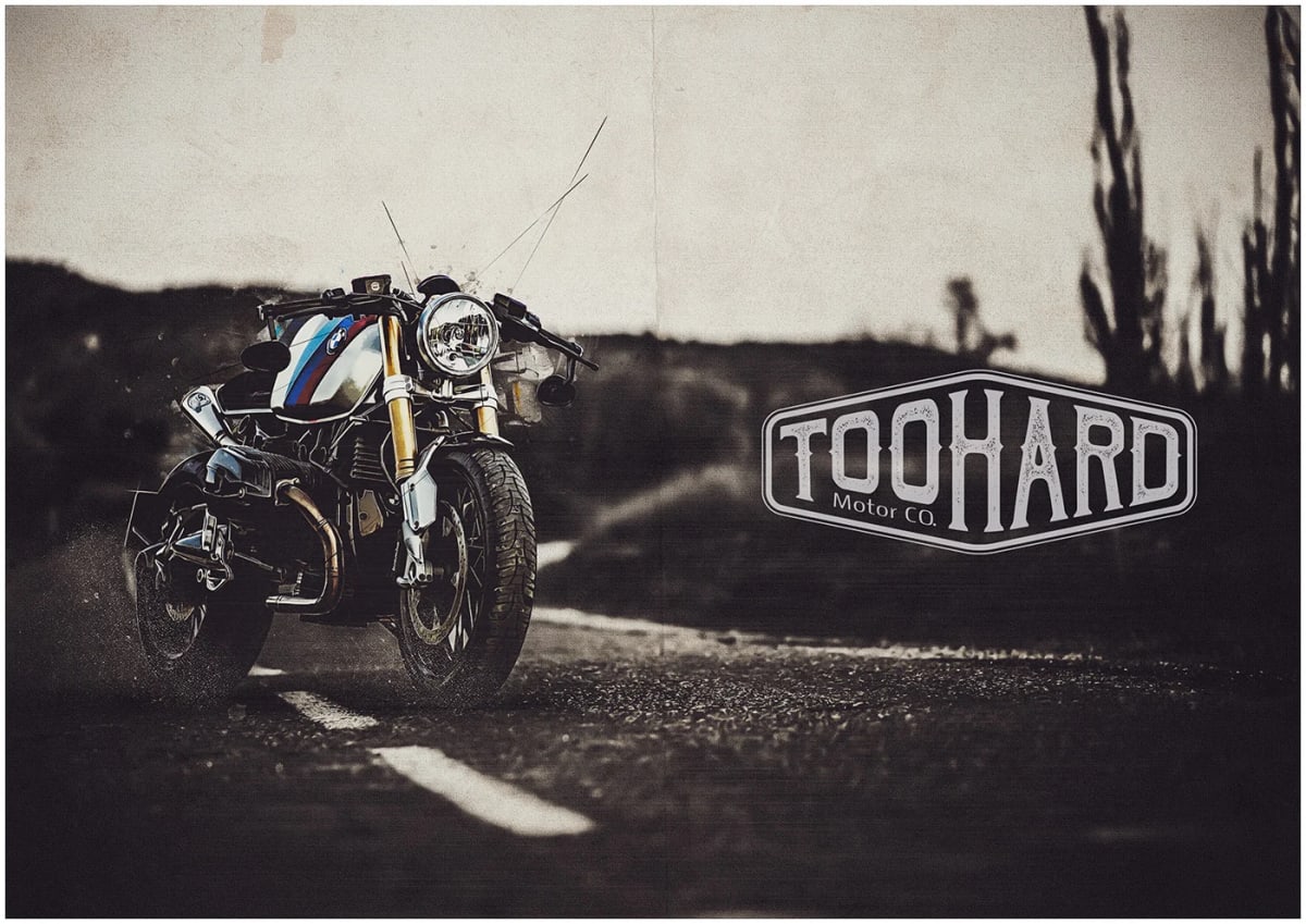 Composición gráfica de una moto BMW con el logo TooHard Motor Co., de Andrés Hernández, profesor de Diseño Gráfico en TRAZOS