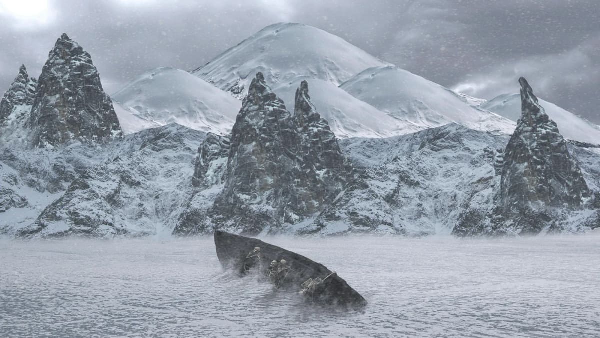 Matte painting de una barca con esqueletos entre montañas nevadas, de Andrés Hernández, profesor de Diseño Gráfico en TRAZOS