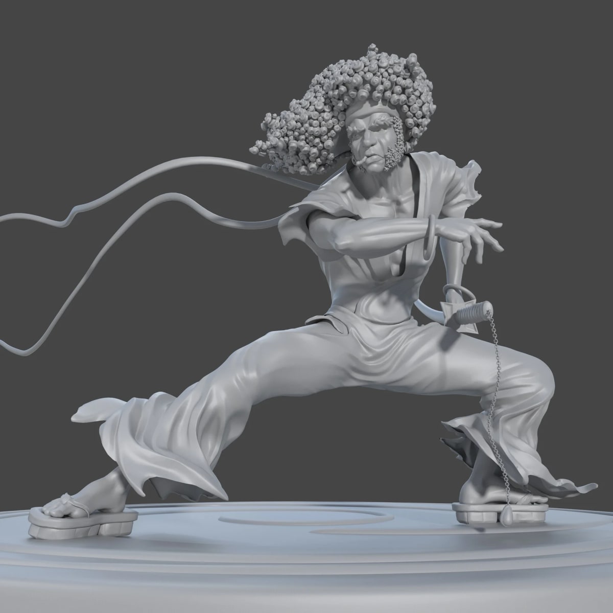 Esculpido 3D de un samurái con peinado afro en pose de combate, de Andrés Ruibal, profesor de 3D en TRAZOS