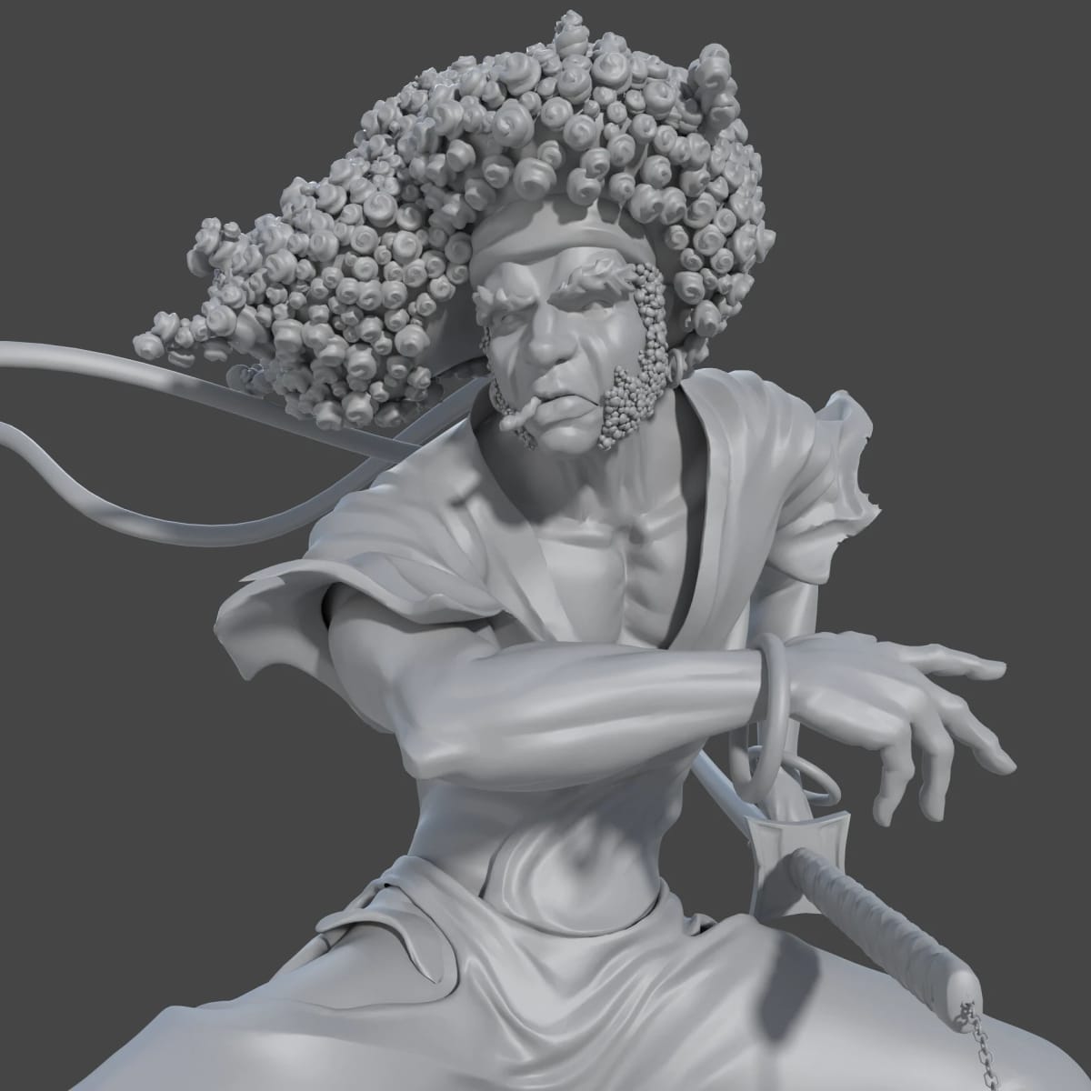 Esculpido 3D del busto de un samurái con peinado afro, de Andrés Ruibal, profesor de 3D en TRAZOS