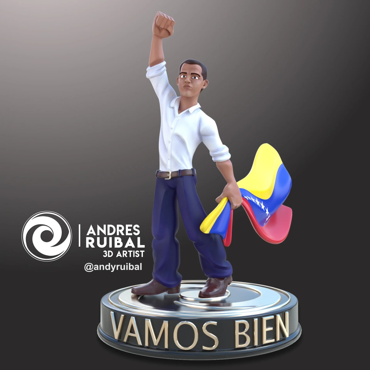 Figura de colección 3D de un hombre con bandera de Venezuela ("Vamos bien"), de Andrés Ruibal, profesor de 3D en TRAZOS