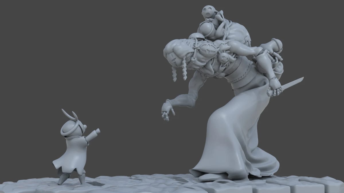 Esculpido 3D de un guerrero gigante frente a un conejo samurái, de Andrés Ruibal, profesor de 3D en TRAZOS
