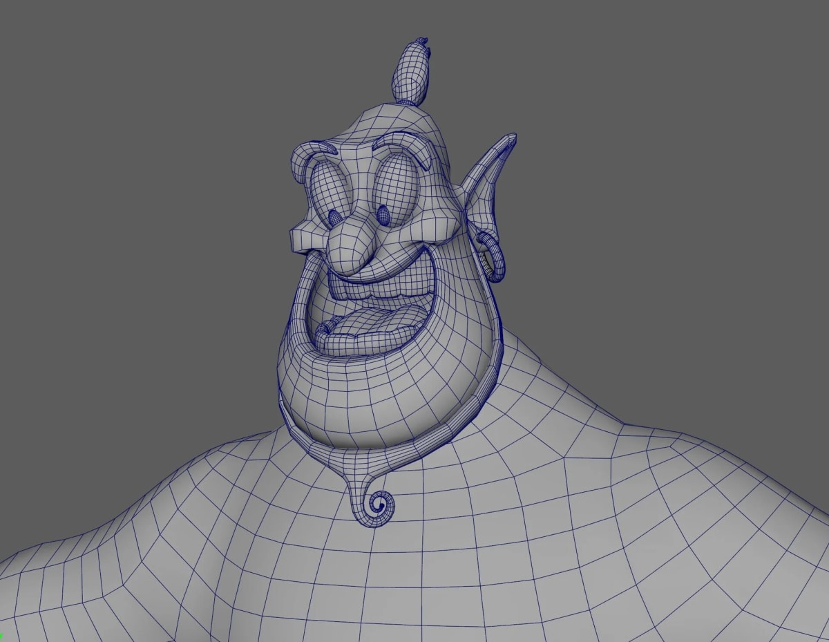 Modelado 3D wireframe del rostro de un genio de la lámpara, de Andrés Ruibal, profesor de 3D en TRAZOS