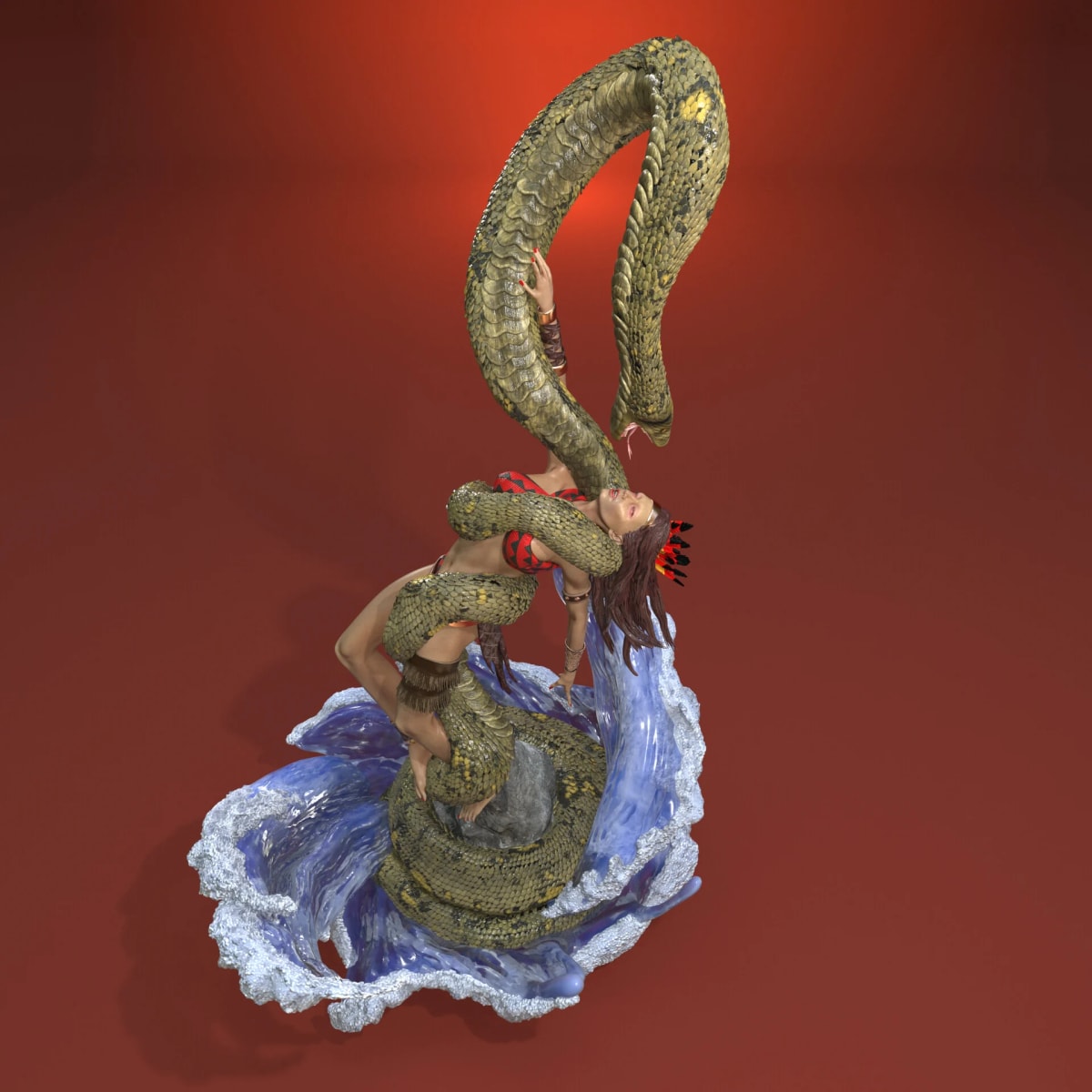 Render 3D de una guerrera con una anaconda sobre fondo rojo, de Andrés Ruibal, profesor de 3D en TRAZOS