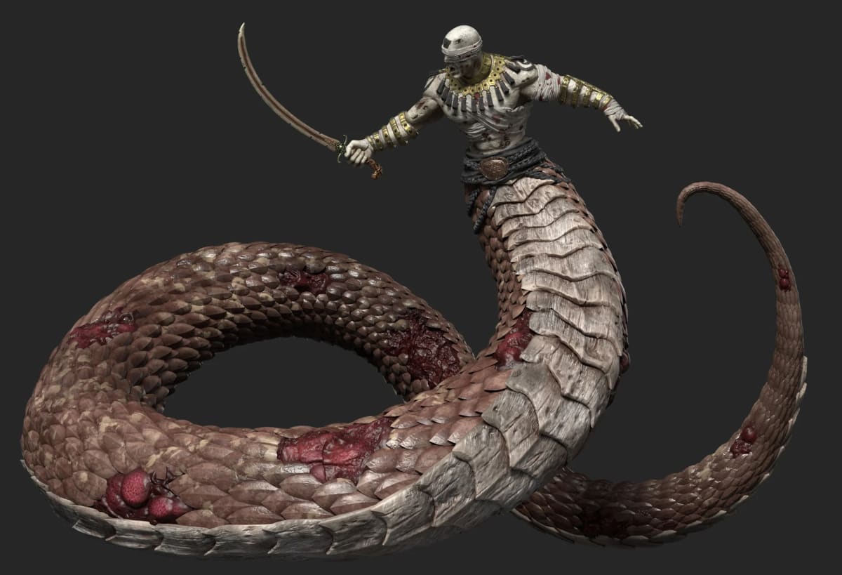 Personaje 3D de un guerrero naga momificado con cimitarra, de Andrés Ruibal, profesor de 3D en TRAZOS