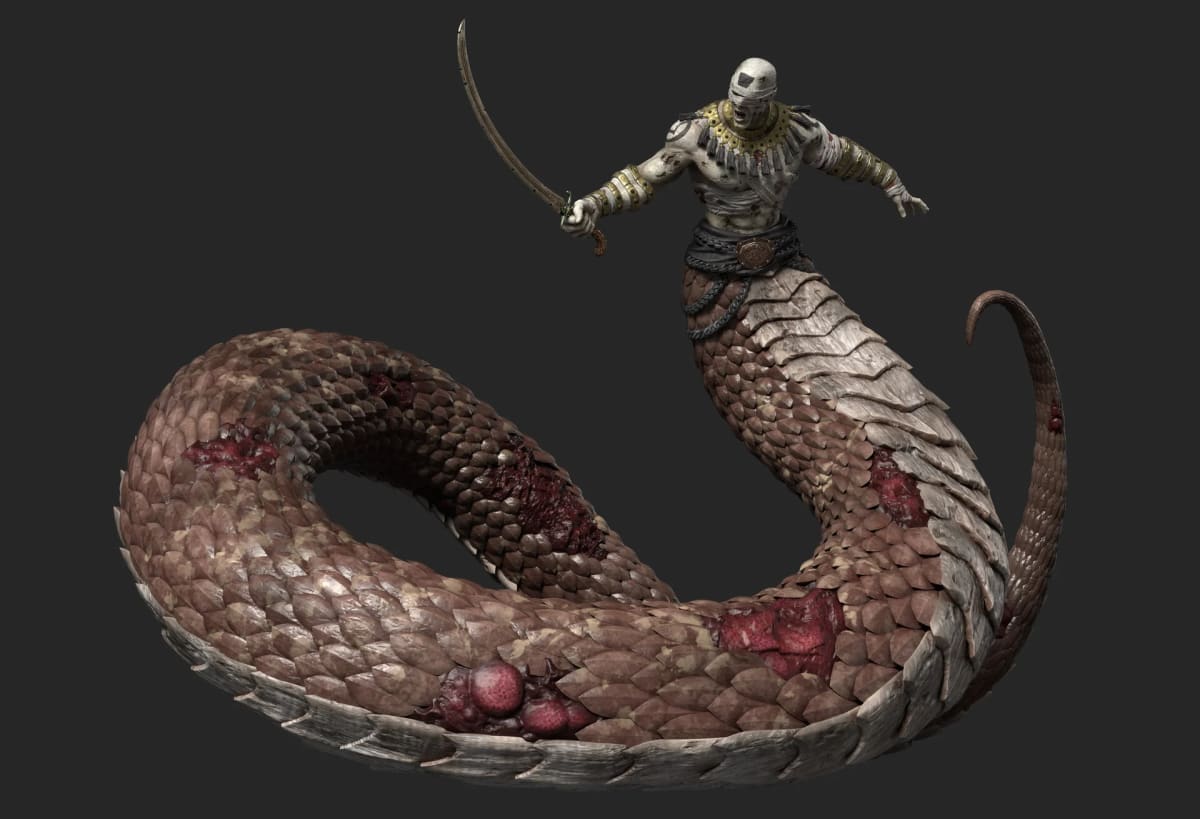 Personaje 3D de un guerrero naga momificado, vista lateral, de Andrés Ruibal, profesor de 3D en TRAZOS