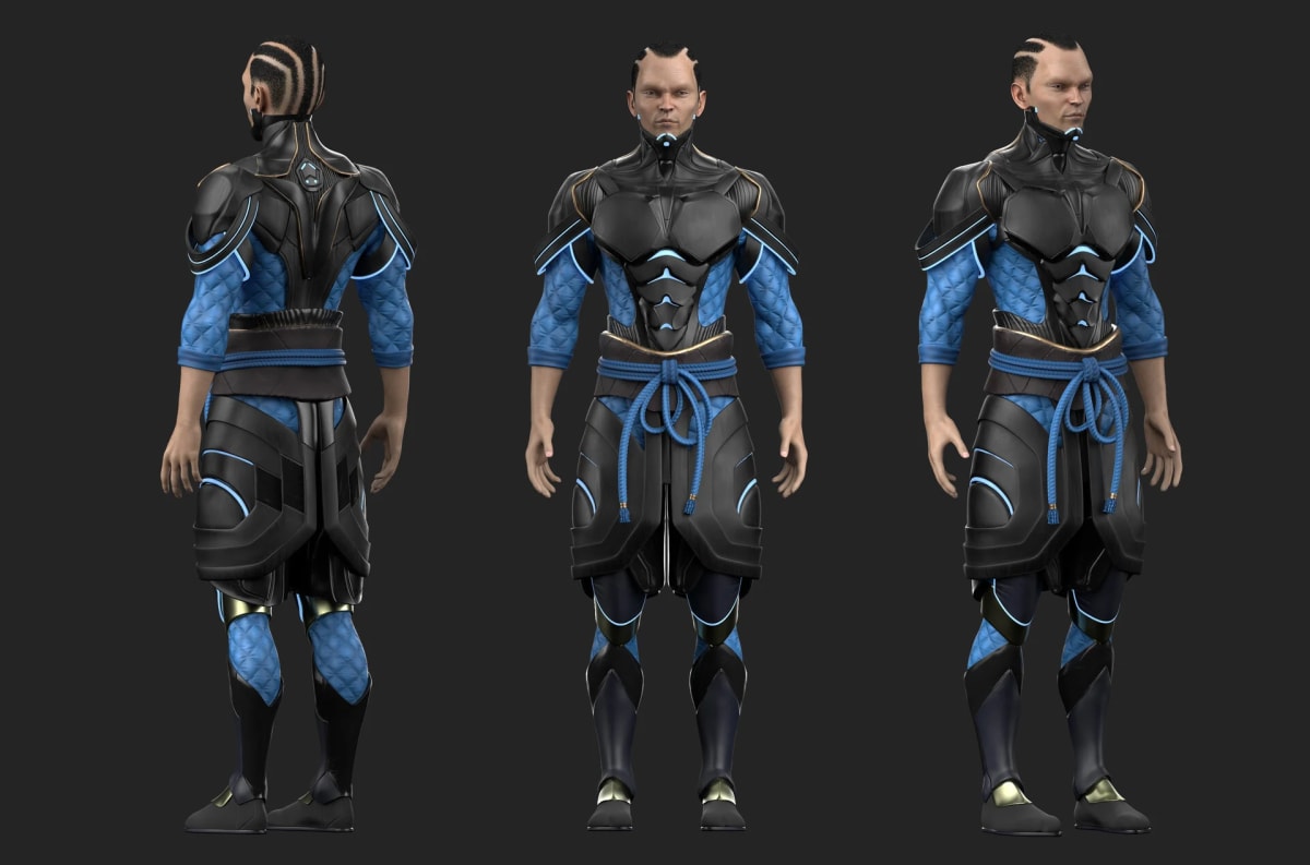 Personaje 3D de un ninja con armadura azul (turnaround), de Andrés Ruibal, profesor de 3D en TRAZOS