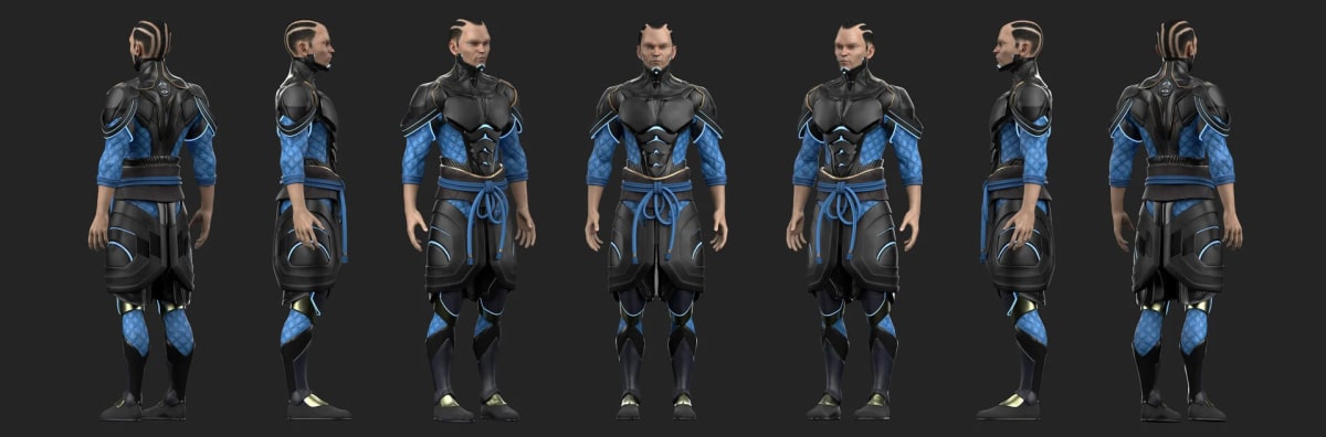 Personaje 3D de un ninja con armadura azul, vista de turnaround, de Andrés Ruibal, profesor de 3D en TRAZOS