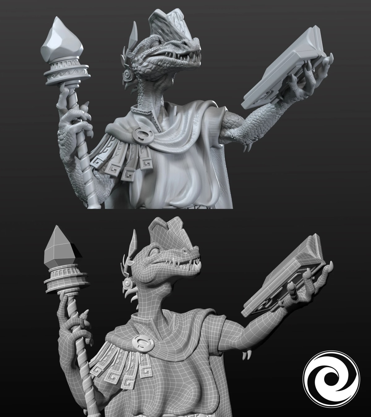 Esculpido 3D de un sacerdote reptiliano con cetro y libro, de Andrés Ruibal, profesor de 3D en TRAZOS