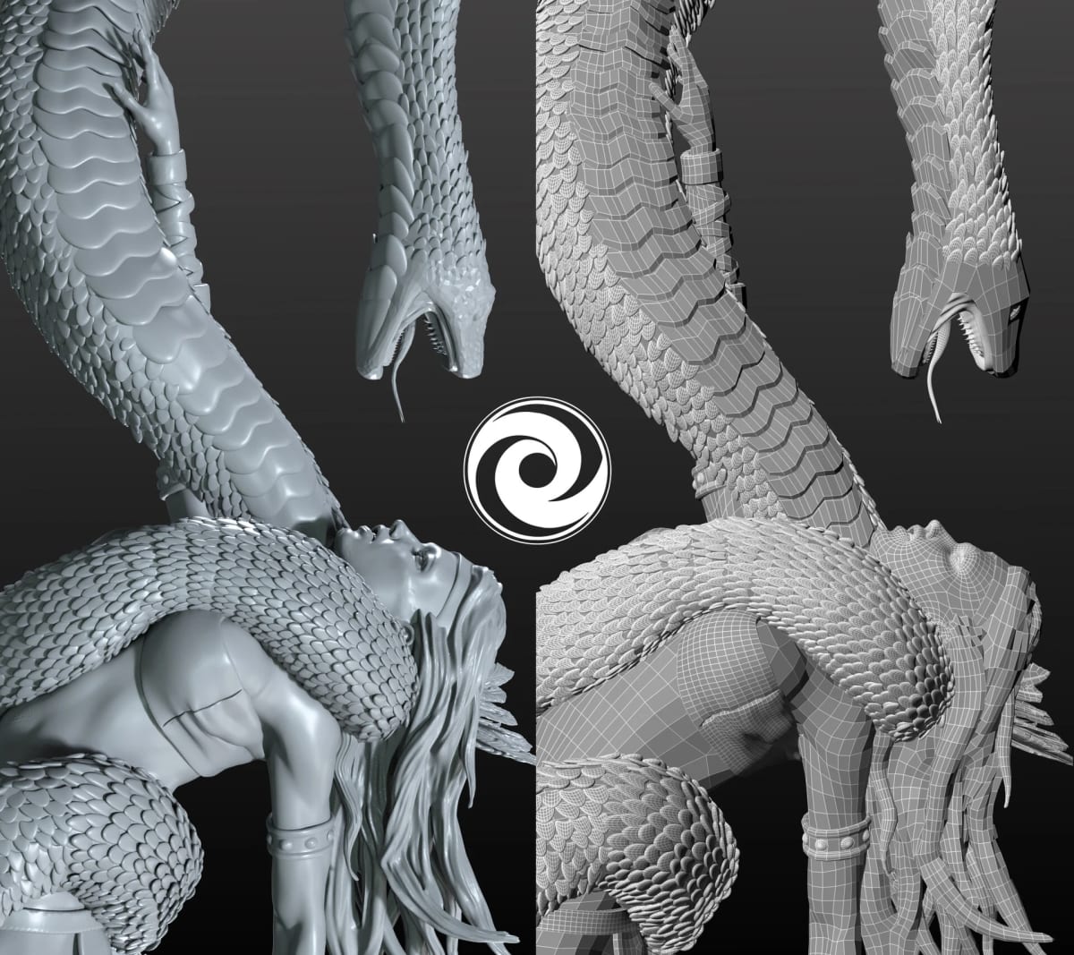 Esculpido 3D de una sirena serpiente (sculpt y wireframe), de Andrés Ruibal, profesor de 3D en TRAZOS