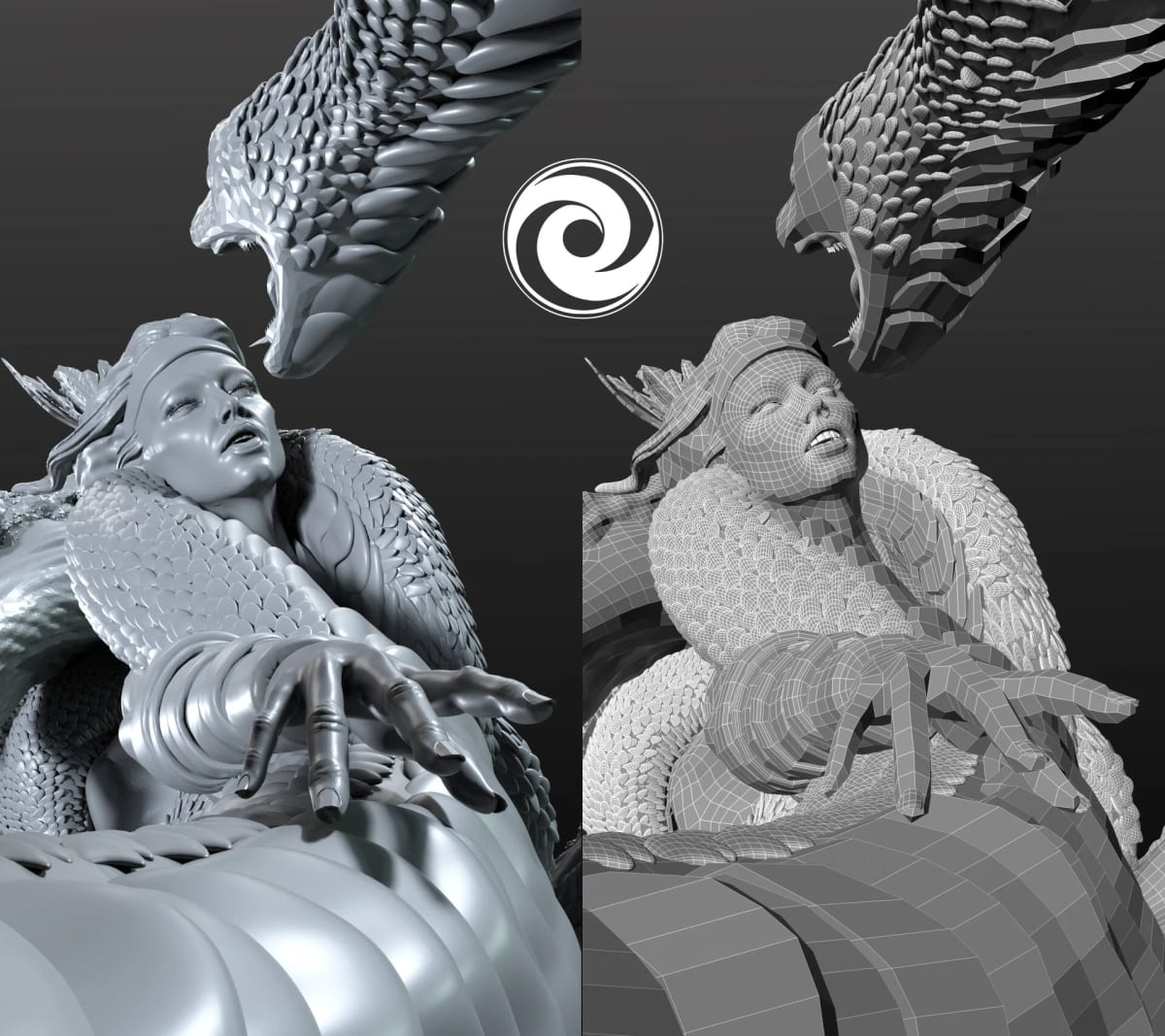 Esculpido 3D wireframe de una sirena serpiente, de Andrés Ruibal, profesor de 3D en TRAZOS