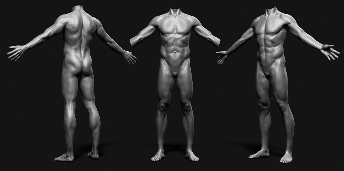Estudio de anatomía masculina, cuerpo completo en tres vistas, escultura digital, de Aser Godoy, profesor de 3D y Videojuegos en TRAZOS