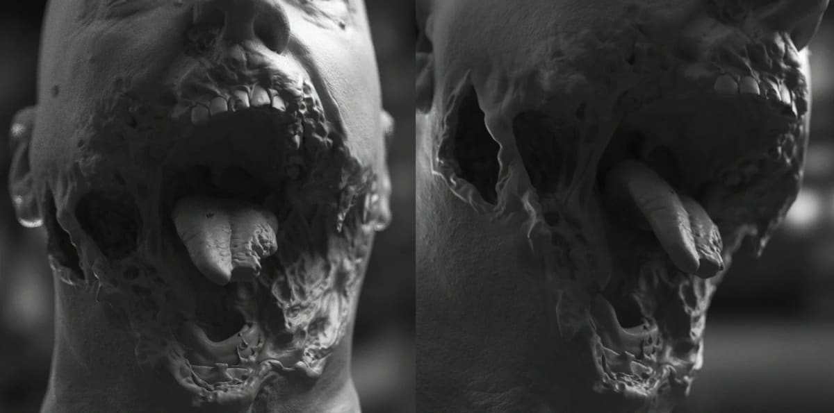 Detalle de una boca desgarrada con la lengua expuesta, escultura digital, de Aser Godoy, profesor de 3D y Videojuegos en TRAZOS