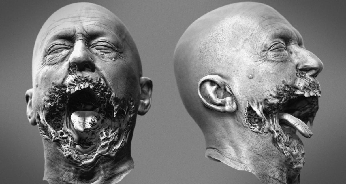 Escultura digital de una cabeza humana con la boca desgarrada y deformada, de Aser Godoy, profesor de 3D y Videojuegos en TRAZOS
