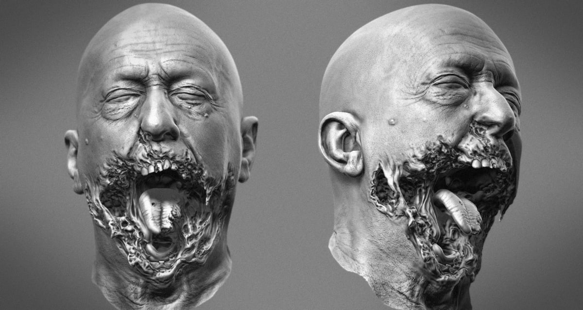 Cabeza humana con boca monstruosa esculpida en 3D, dos vistas, de Aser Godoy, profesor de 3D y Videojuegos en TRAZOS