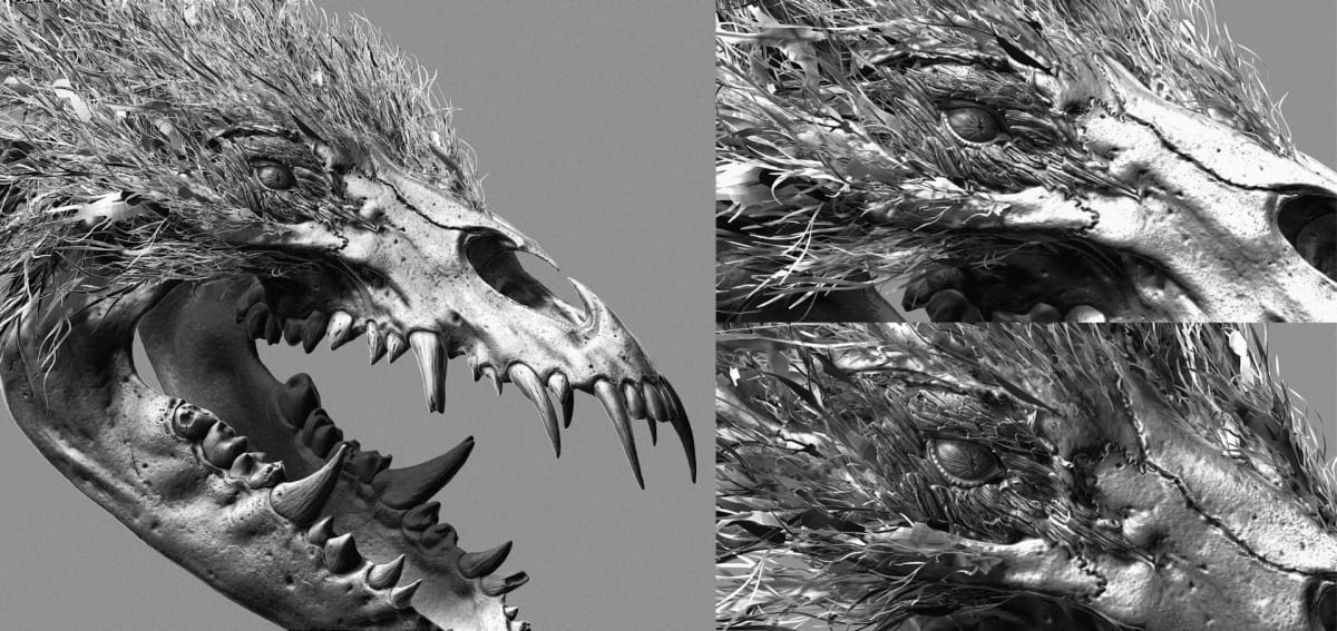 Escultura digital en ZBrush de un cráneo de criatura con pelaje, de Aser Godoy, profesor de 3D y Videojuegos en TRAZOS