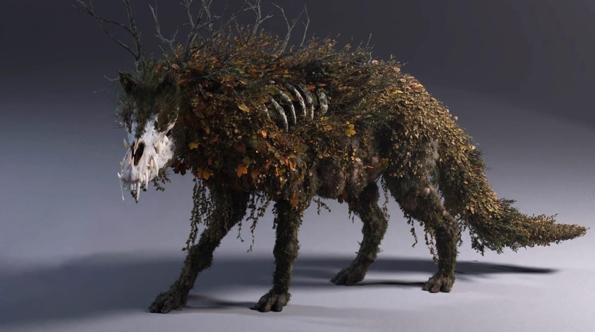 Criatura cuadrúpeda cubierta de musgo y hojas con cabeza de cráneo, render 3D, de Aser Godoy, profesor de 3D y Videojuegos en TRAZOS