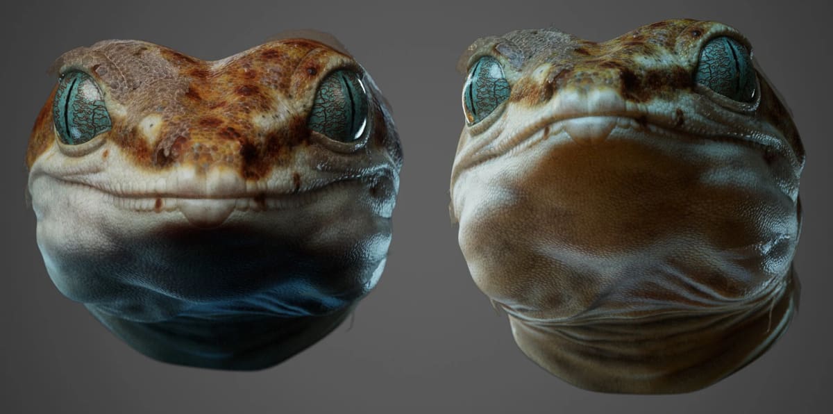 Cabeza de gecko realista vista de frente, render 3D, de Aser Godoy, profesor de 3D y Videojuegos en TRAZOS