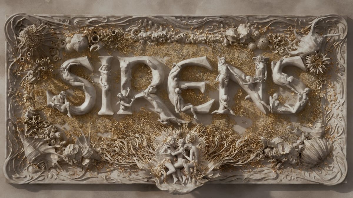 Cartel del título "Sirens" tallado en mármol con figuras esculpidas, render 3D, de Aser Godoy, profesor de 3D y Videojuegos en TRAZOS