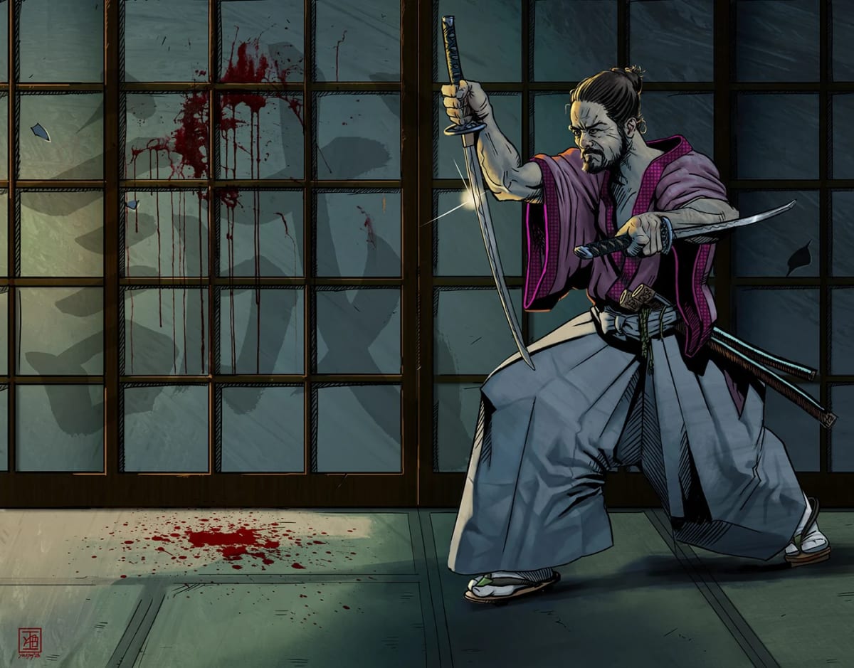 Ilustración de un samurái desenvainando su katana en una sala japonesa, de Igor Yglesias, profesor de Concept Art e Ilustración en TRAZOS