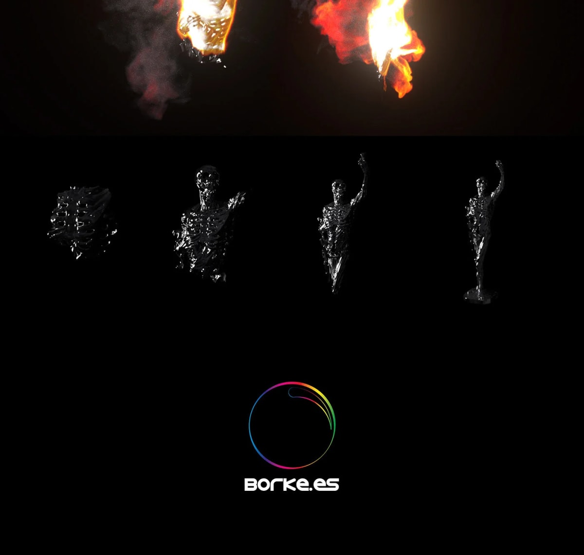 Secuencia de figuras humanas surgiendo del fuego (Borke.es), de Javier Bohórquez, profesor de Diseño Gráfico en TRAZOS