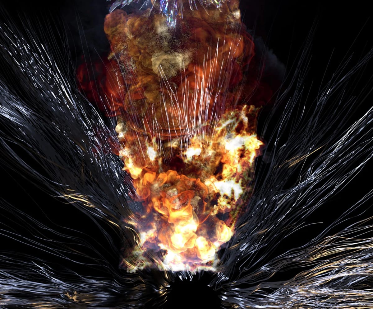 Render de una explosión de fuego con fibras plateadas, de Javier Bohórquez, profesor de Diseño Gráfico en TRAZOS