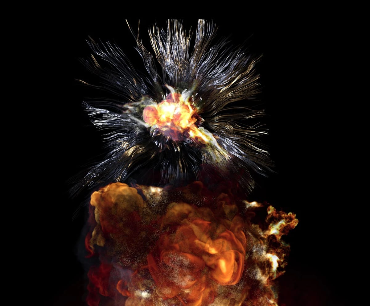 Render de una explosión de partículas y fuego, de Javier Bohórquez, profesor de Diseño Gráfico en TRAZOS