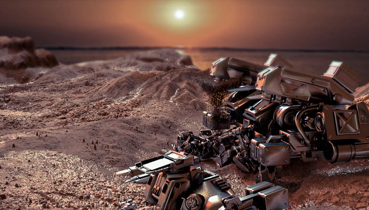 Render de un mecha sobre la superficie de Marte (Running Out), de Javier Bohórquez, profesor de Diseño Gráfico en TRAZOS