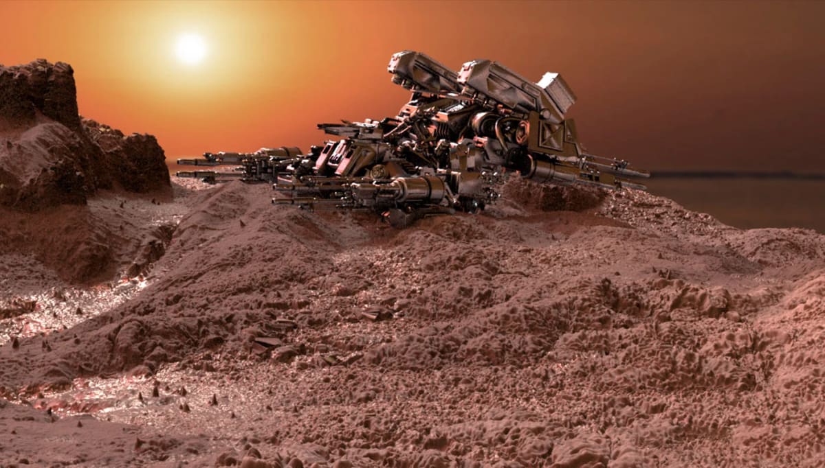 Render de un robot en Marte al atardecer (Running Out), de Javier Bohórquez, profesor de Diseño Gráfico en TRAZOS