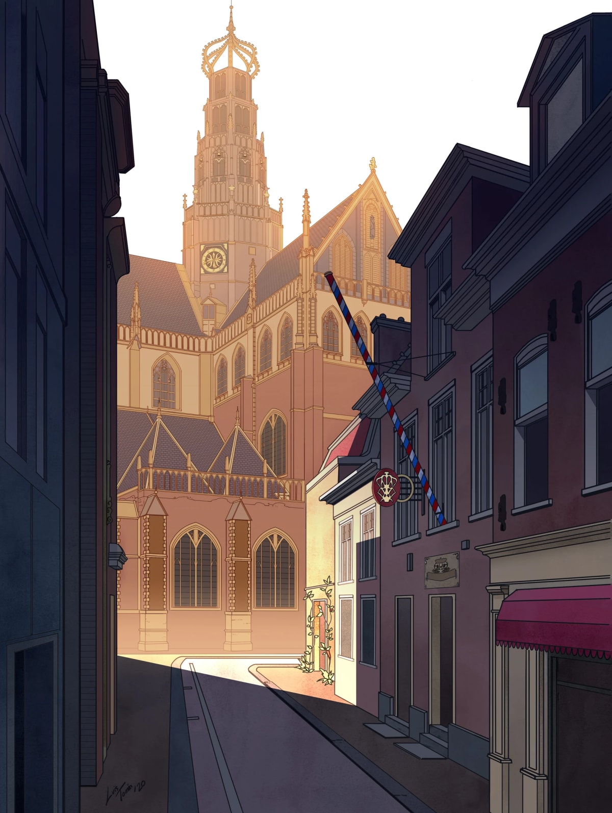 Ilustración de una calle con la catedral de Haarlem al fondo, de Luis Tomás, profesor de Concept Art en TRAZOS